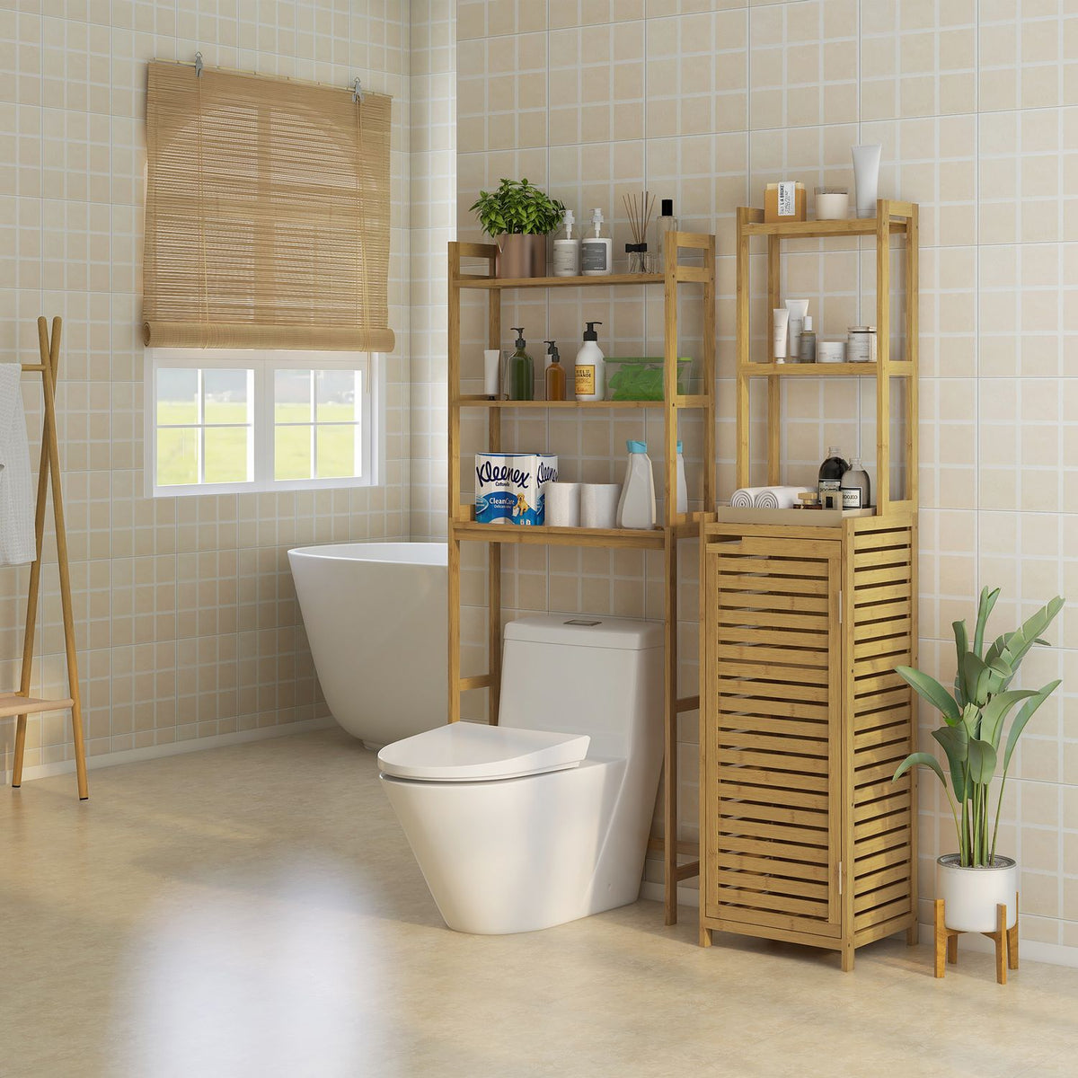 Bathroom Cabinet Made Of Bamboo, 3 Open Compartments, Anti-Tip, Natural Wood, For Bathroom