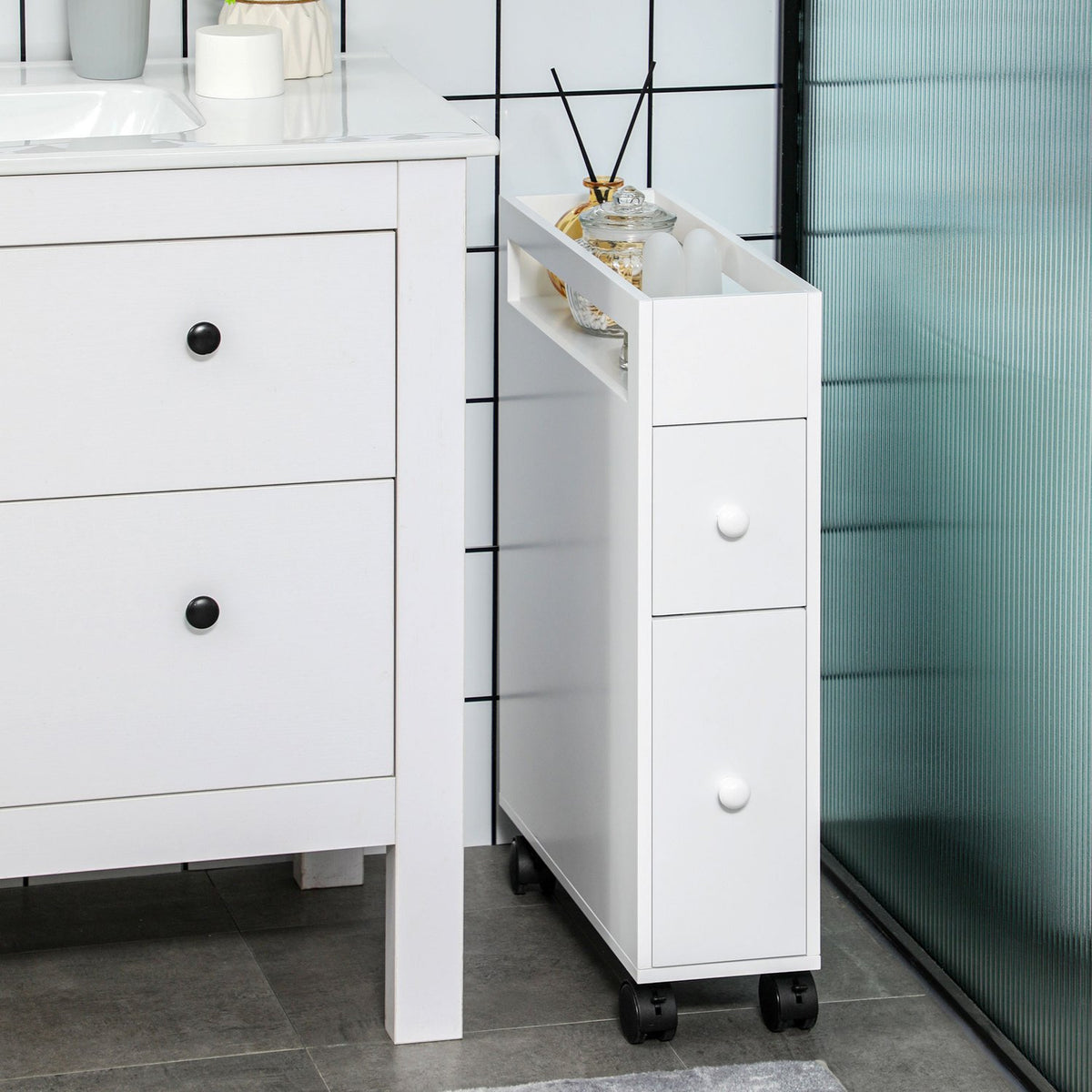Bathroom Cabinet Niche Cabinet With Wheels, 2 Drawers & Open Compartment, Bathroom Trolley, White, 16X49.5X66Cm