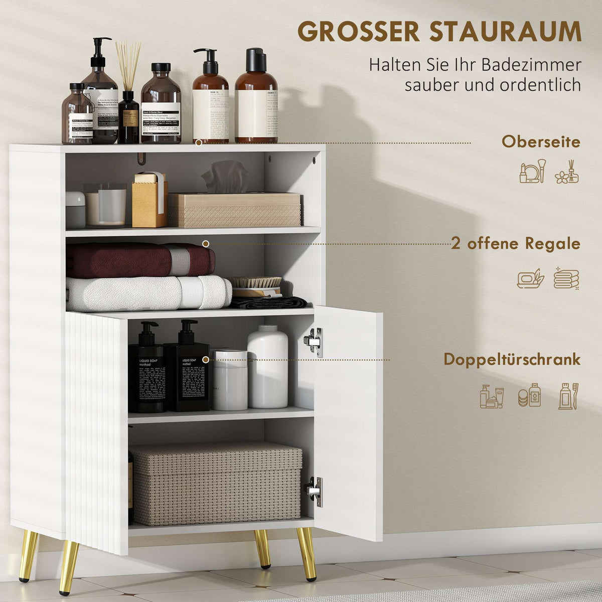 Bathroom Cabinet, Soft-Close Doors, 2 Open Shelves, MDF, White