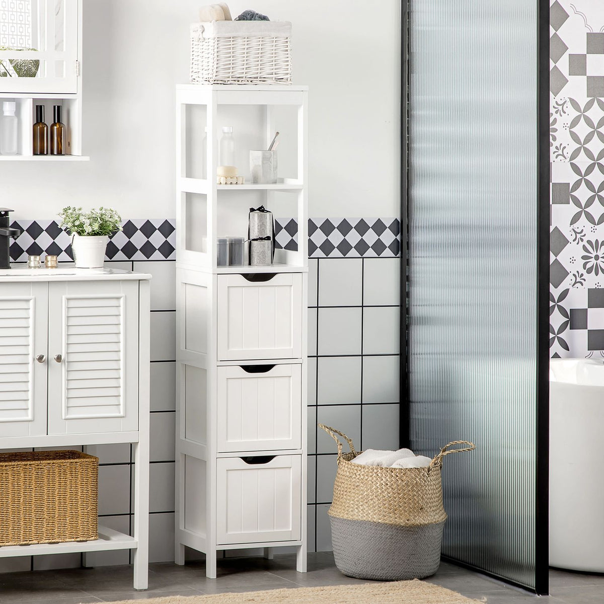 Bathroom Cabinet, Storage Cabinet, Bathroom Tall Cabinet With 2 Drawers, 3 Open Compartments, White, 30 X 30 X 141.6 Cm