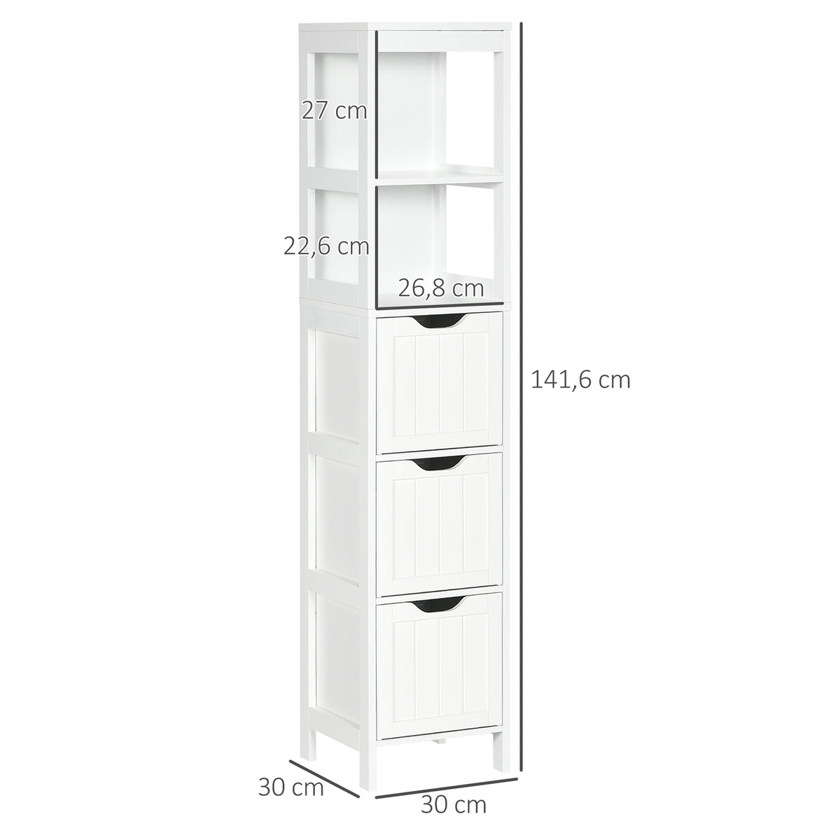 Bathroom Cabinet, Storage Cabinet, Bathroom Tall Cabinet With 2 Drawers, 3 Open Compartments, White, 30 X 30 X 141.6 Cm