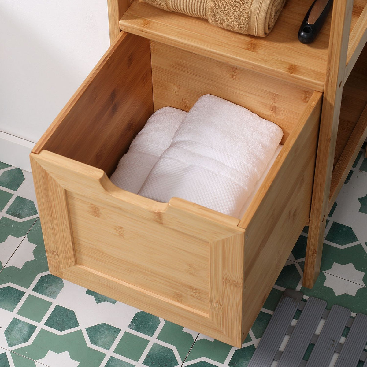 Bathroom Cabinet Storage Cabinet Made Of Bamboo With 2 Drawers, Base Cabinet, Anti-Tip, Country House Style, Side Cabinet