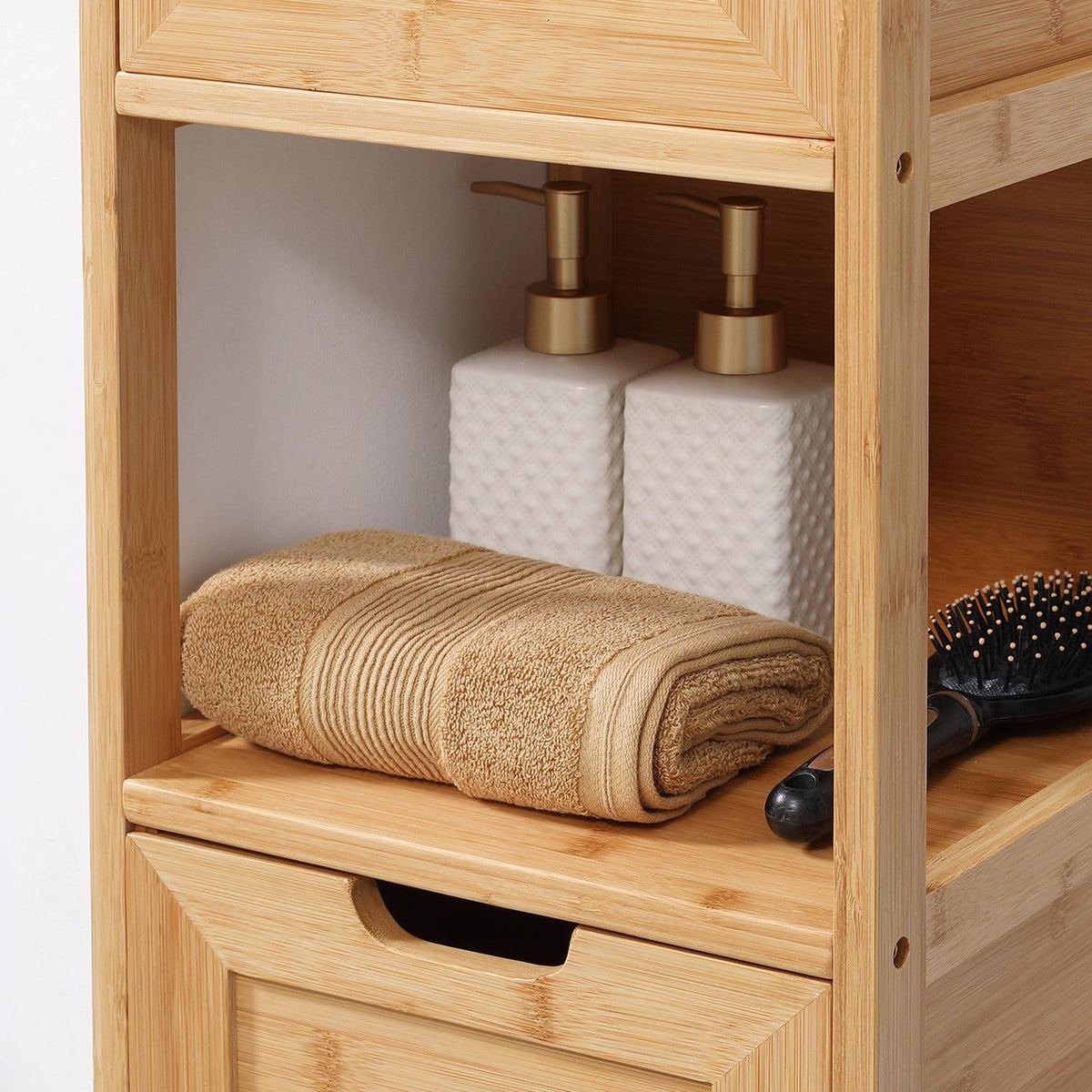 Bathroom Cabinet Storage Cabinet Made Of Bamboo With 2 Drawers, Base Cabinet, Anti-Tip, Country House Style, Side Cabinet