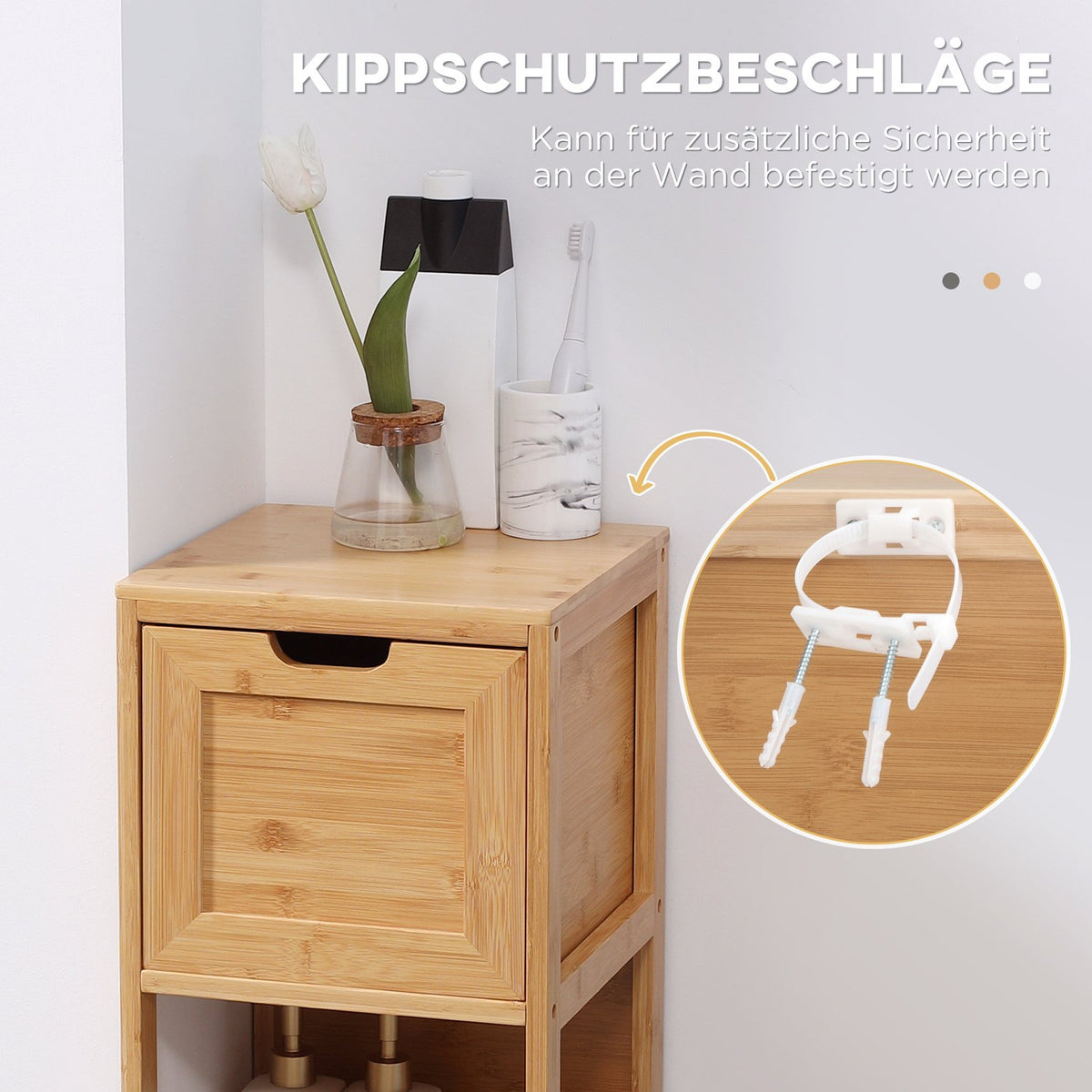 Bathroom Cabinet Storage Cabinet Made Of Bamboo With 2 Drawers, Base Cabinet, Anti-Tip, Country House Style, Side Cabinet
