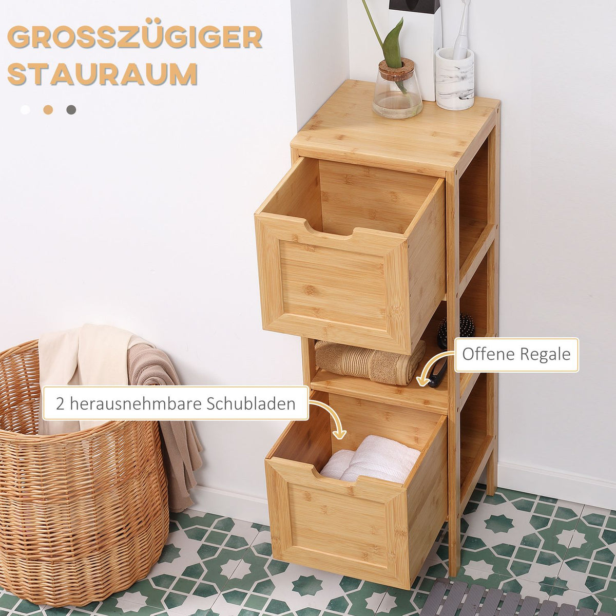 Bathroom Cabinet Storage Cabinet Made Of Bamboo With 2 Drawers, Base Cabinet, Anti-Tip, Country House Style, Side Cabinet