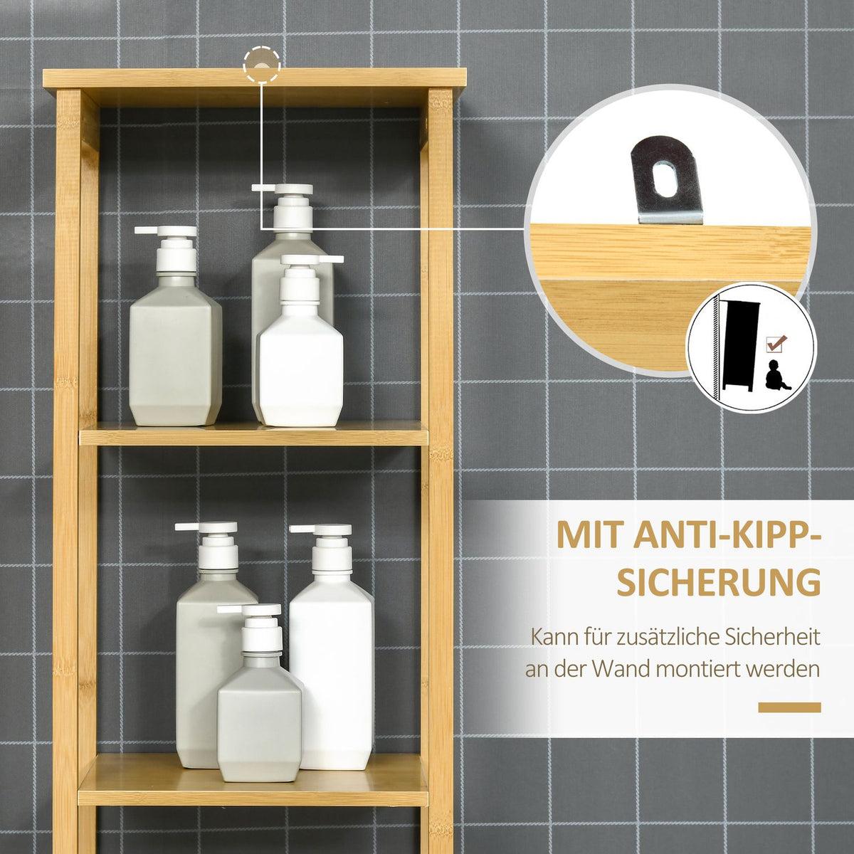 Bathroom Cabinet With 3 Open Compartments And 1 Cabinet, Bathroom Furniture, Free-Standing Tall Cabinet For Bathrooms, Small Rooms, Natural 34 X 30 X 173 Cm