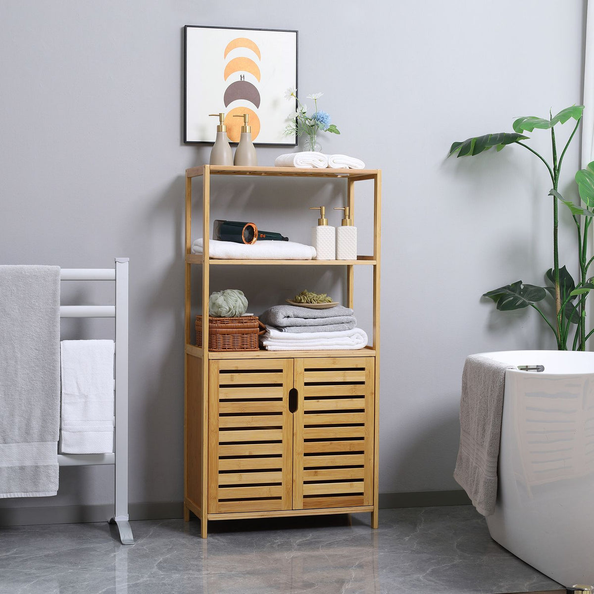 Bathroom Cabinet with Louvered Doors, Bamboo Wood, Natural