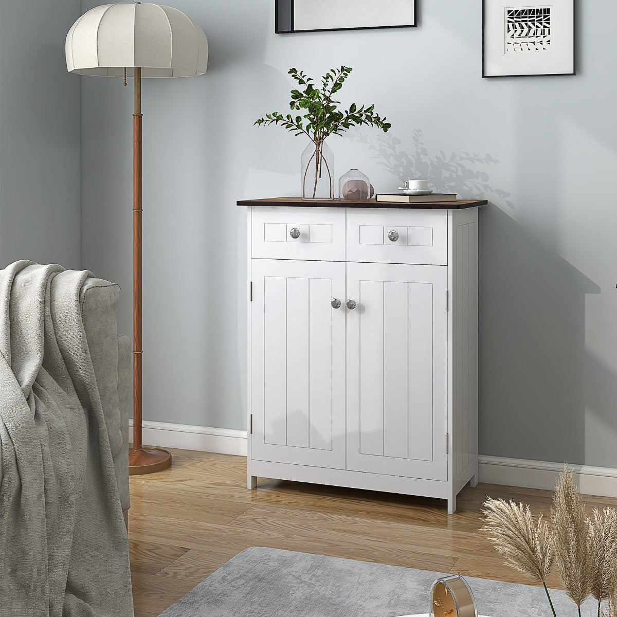 Bathroom Floor Cabinet, 2 Drawers, Adjustable Shelf, White