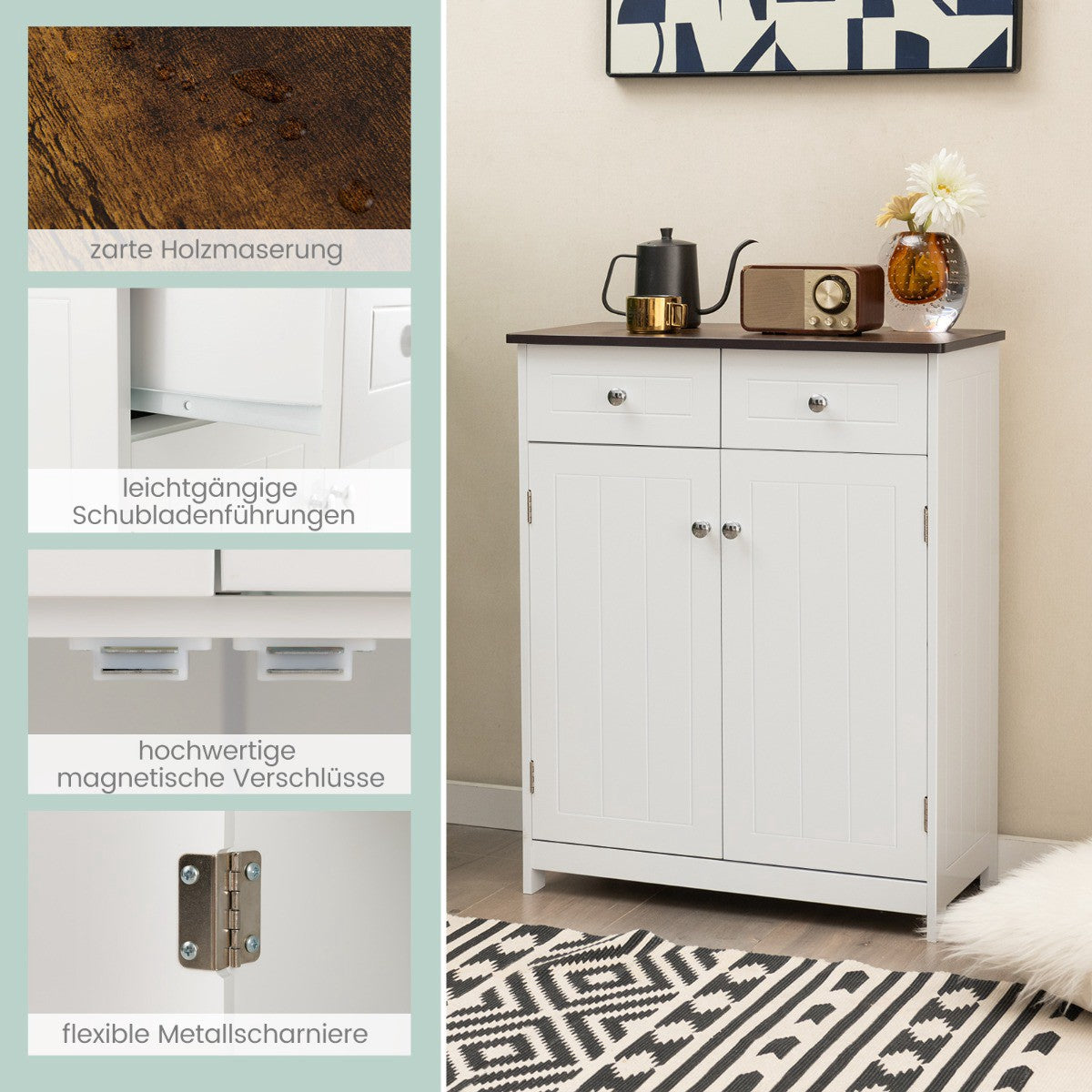 Bathroom Floor Cabinet, 2 Drawers, Adjustable Shelf, White