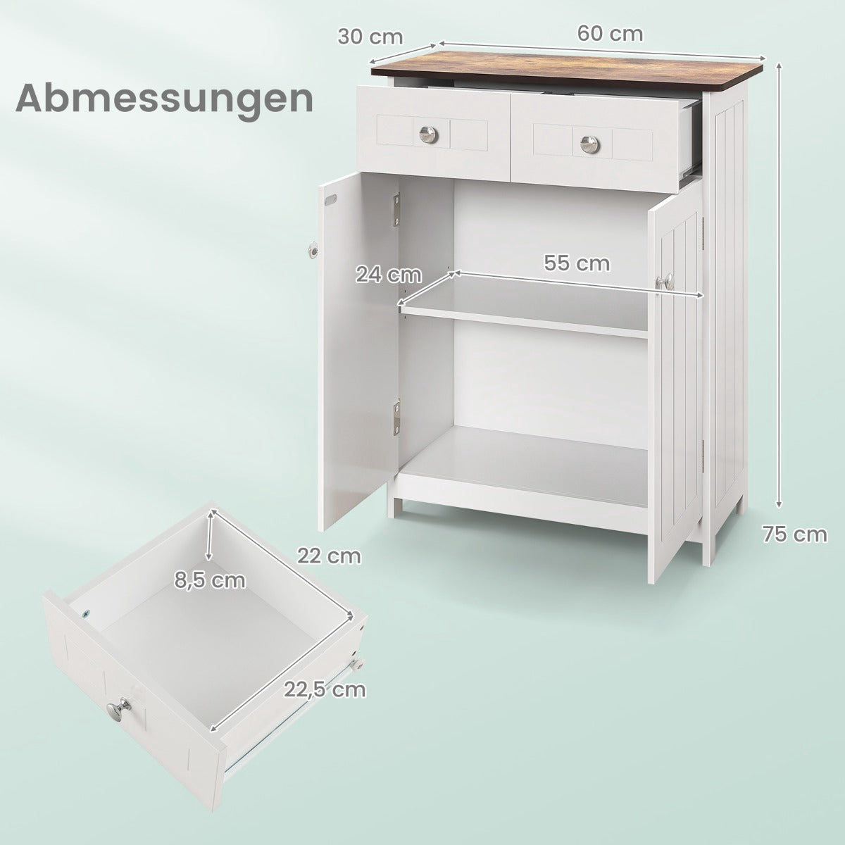 Bathroom Floor Cabinet, 2 Drawers, Adjustable Shelf, White