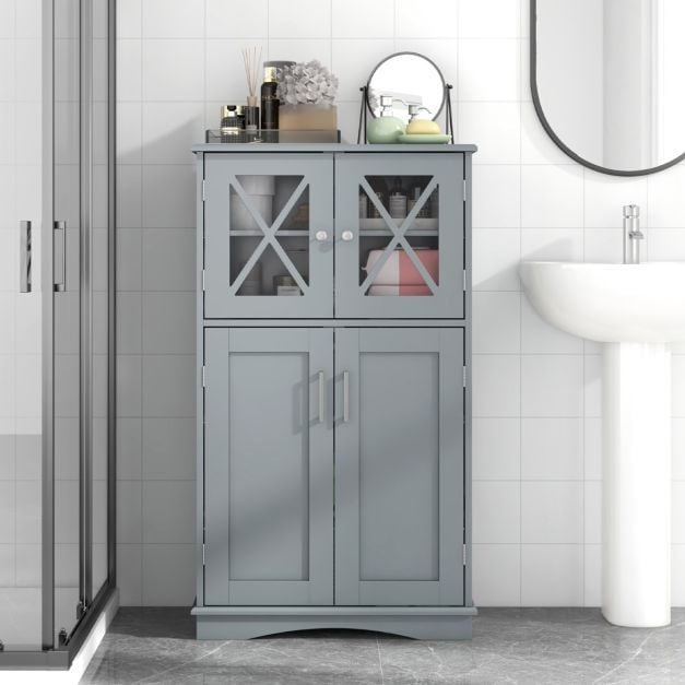 Bathroom Floor Cabinet, 4-Door Glass, Adjustable Shelves
