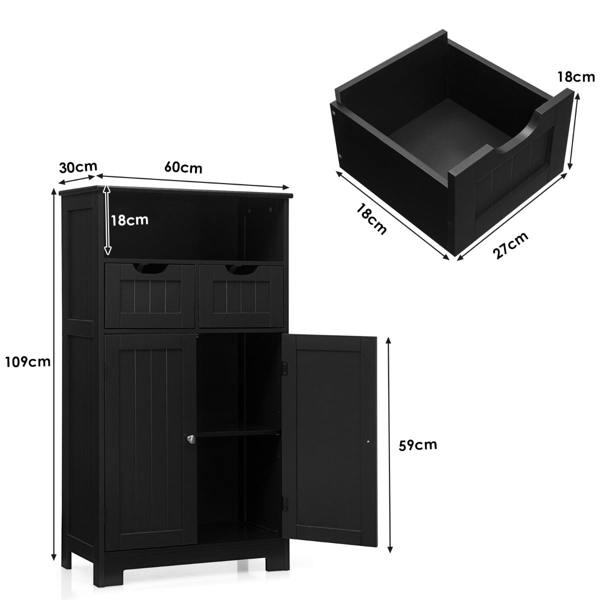 Bathroom Floor Cabinet, Open Shelf, 2 Drawers, Black
