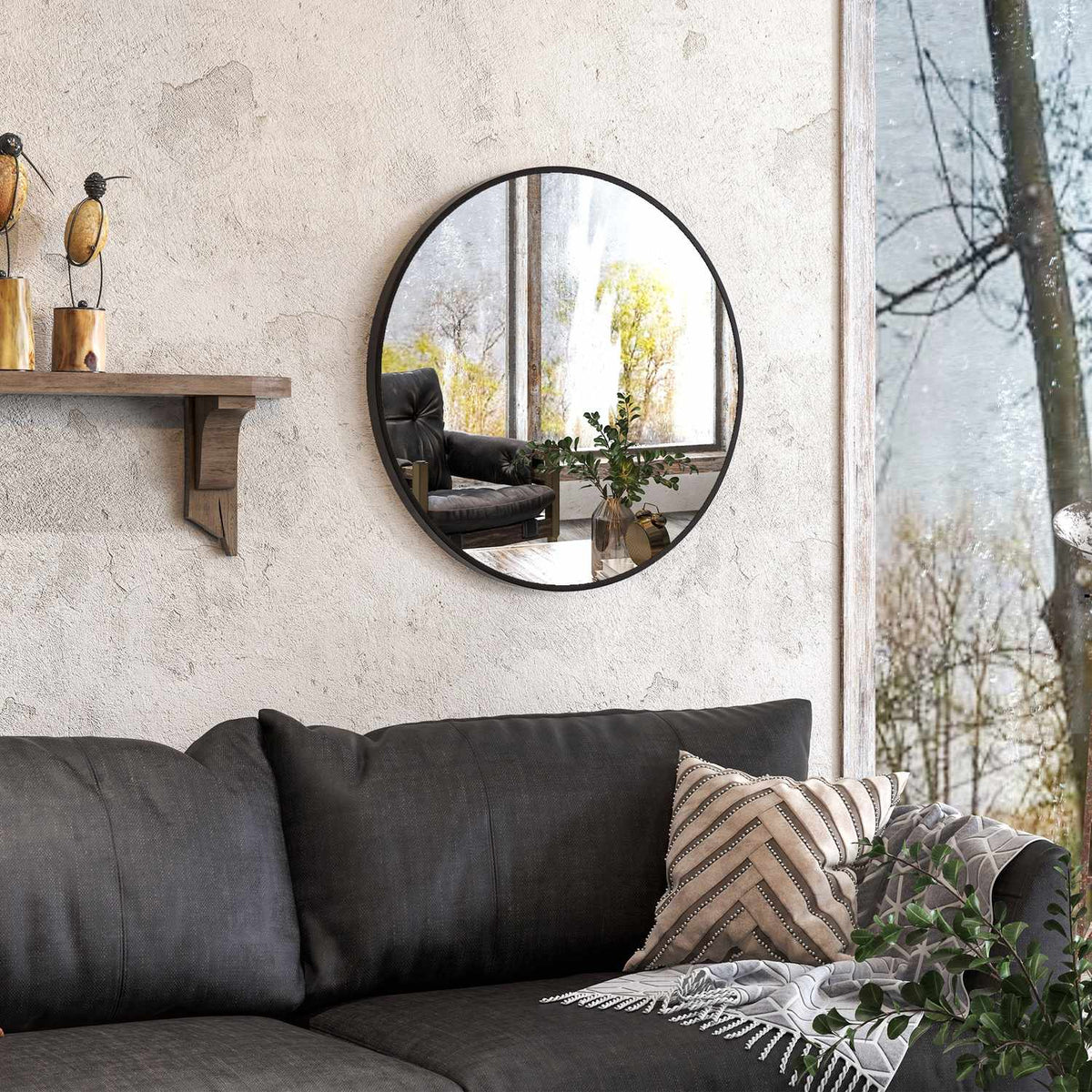 Bathroom Mirror, Ø60 Cm Bathroom Mirror With Aluminum Frame, Hooks, Round Wall Mirror For Living Room, Hallway, Black