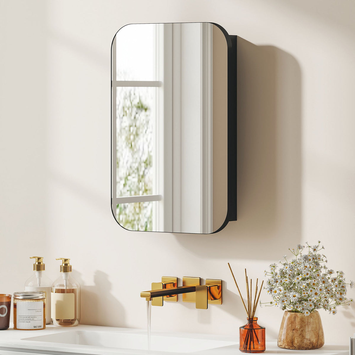 Bathroom Mirror Cabinet, Black, 40 x 10 x 60 cm, Adjustable Shelves
