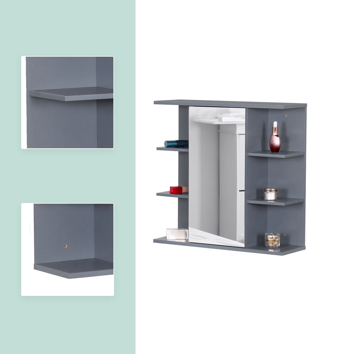 Bathroom Mirror Cabinet, Wall-Mounted, 8 Shelves