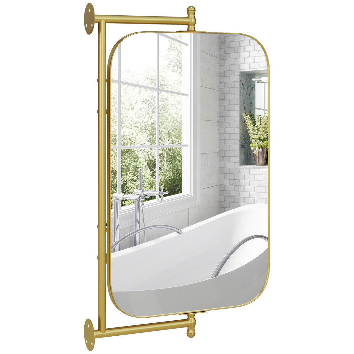 Bathroom Mirror Swiveling Wall Mirror, 40 X 66 Cm Make-Up Mirror With 2-Tier Shelf, Metal Frame, Gold