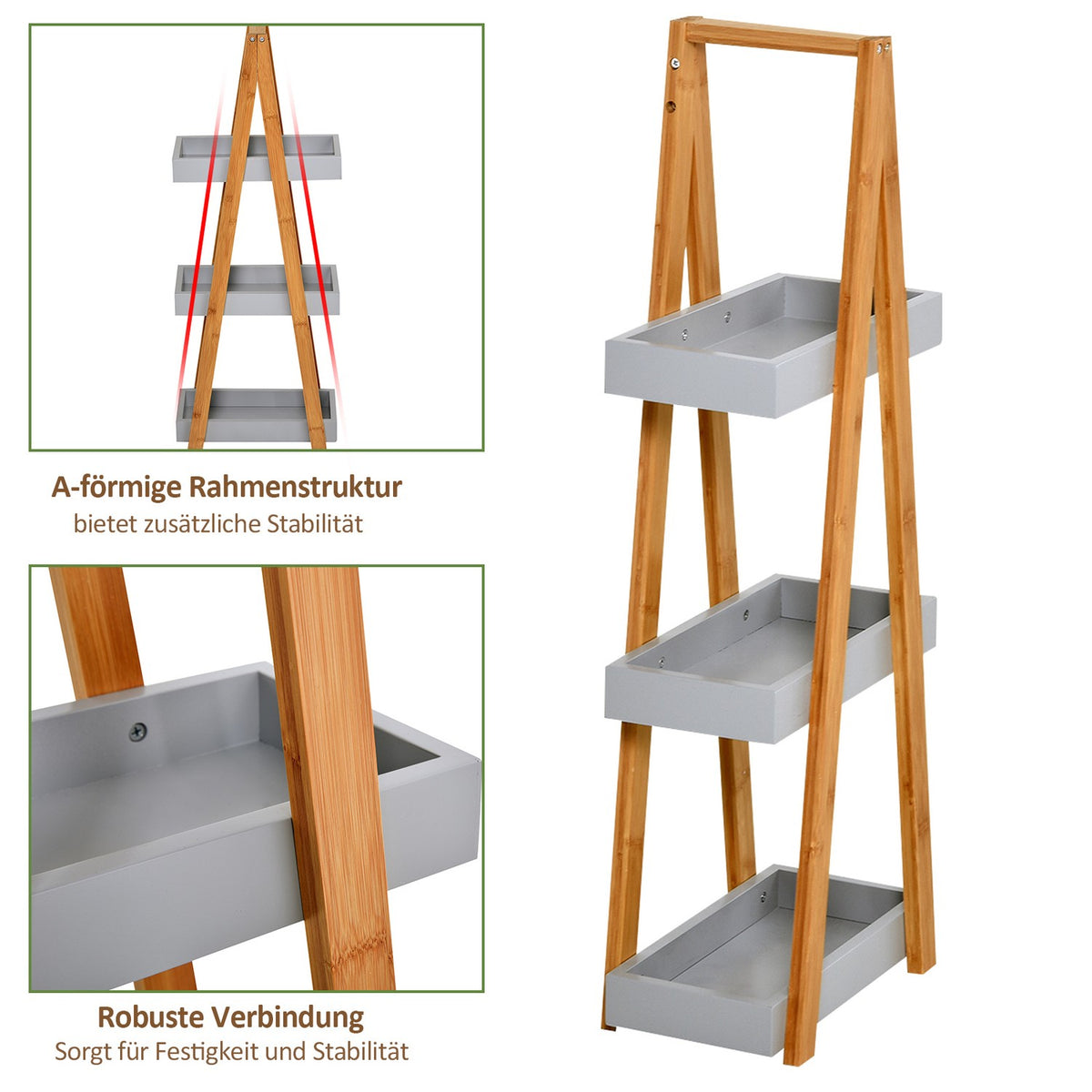 Bathroom Shelf 3 Tier Stair Shelf, Ladder Shelf For Bathroom, Bamboo, Gray, 30X18X81Cm