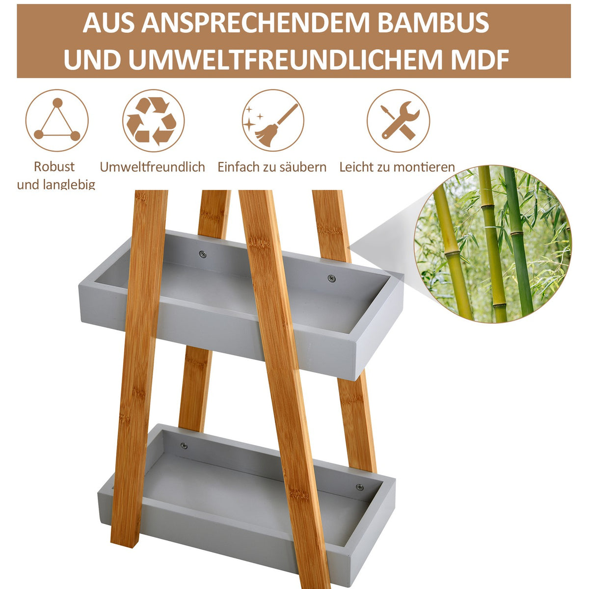 Bathroom Shelf 3 Tier Stair Shelf, Ladder Shelf For Bathroom, Bamboo, Gray, 30X18X81Cm