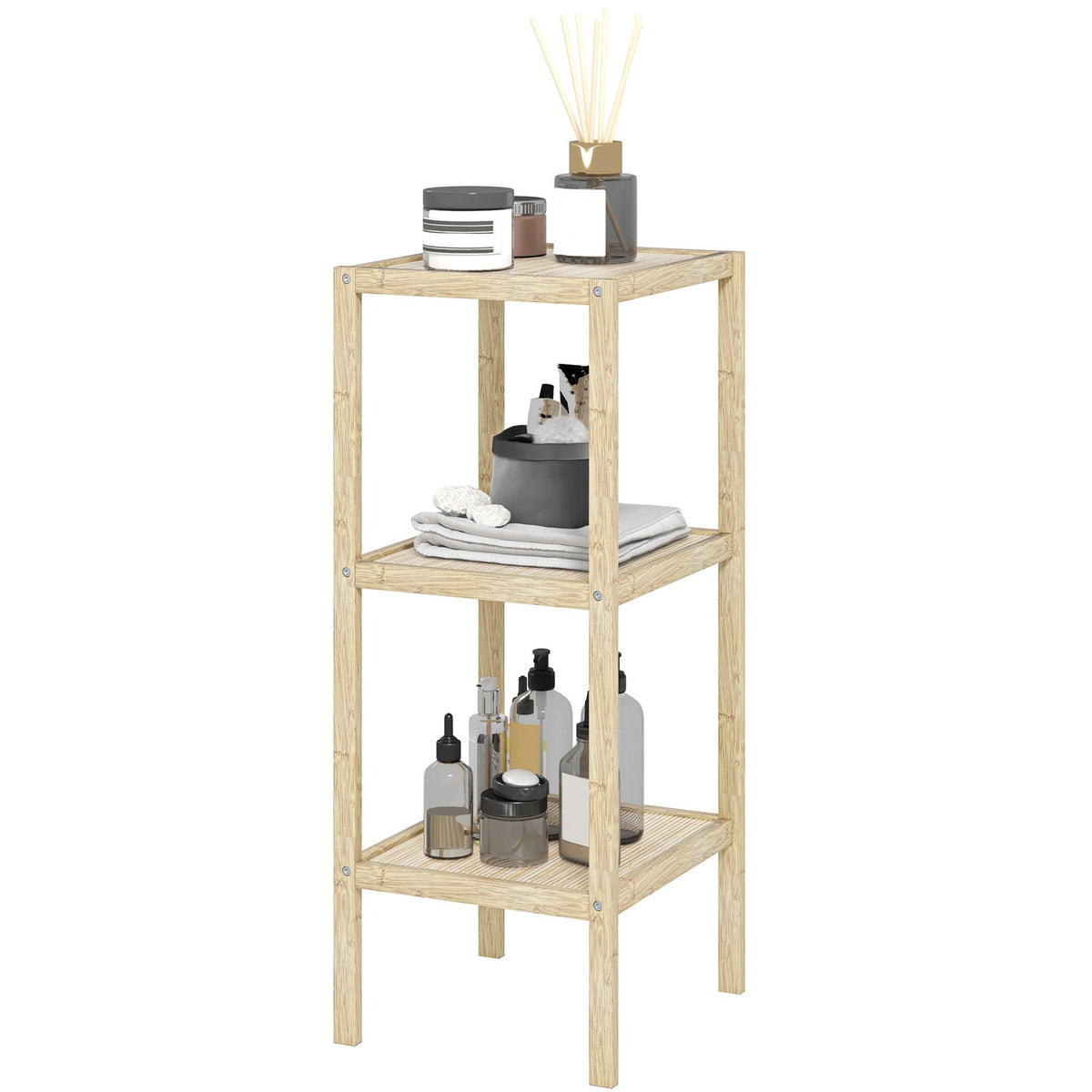 Bathroom Shelf, Bathroom Shelf with 3 Tiers, Bamboo Standing Shelf with Foot Pad, for Bathroom, Living Room, Kitchen, 33 x 31 x 78 cm, Natural Wood