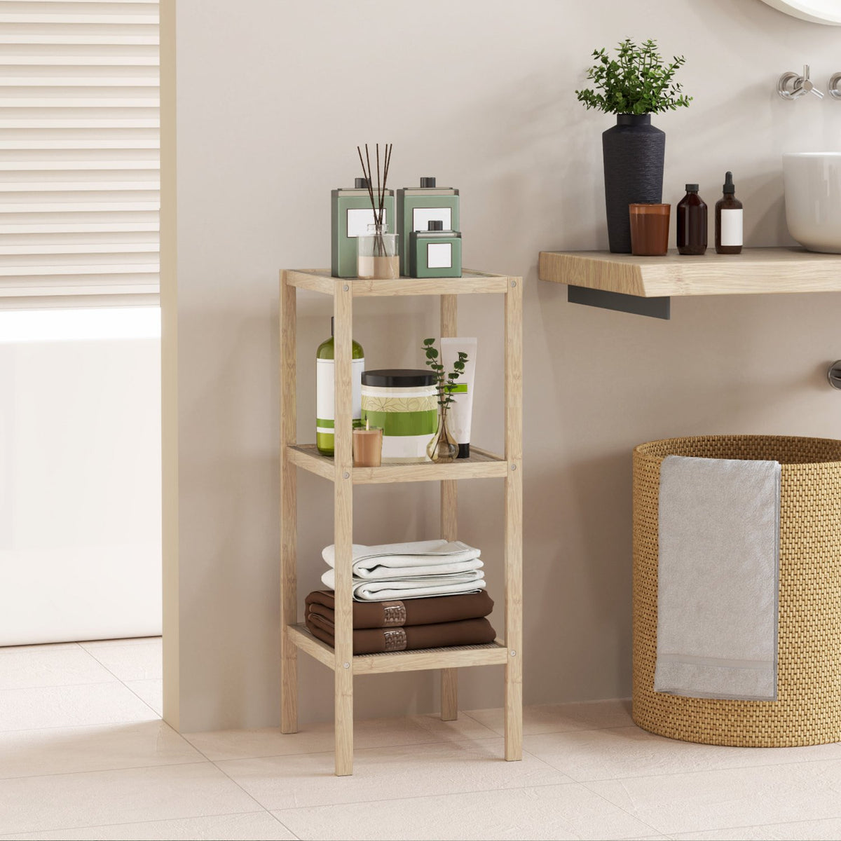 Bathroom Shelf, Bathroom Shelf with 3 Tiers, Bamboo Standing Shelf with Foot Pad, for Bathroom, Living Room, Kitchen, 33 x 31 x 78 cm, Natural Wood