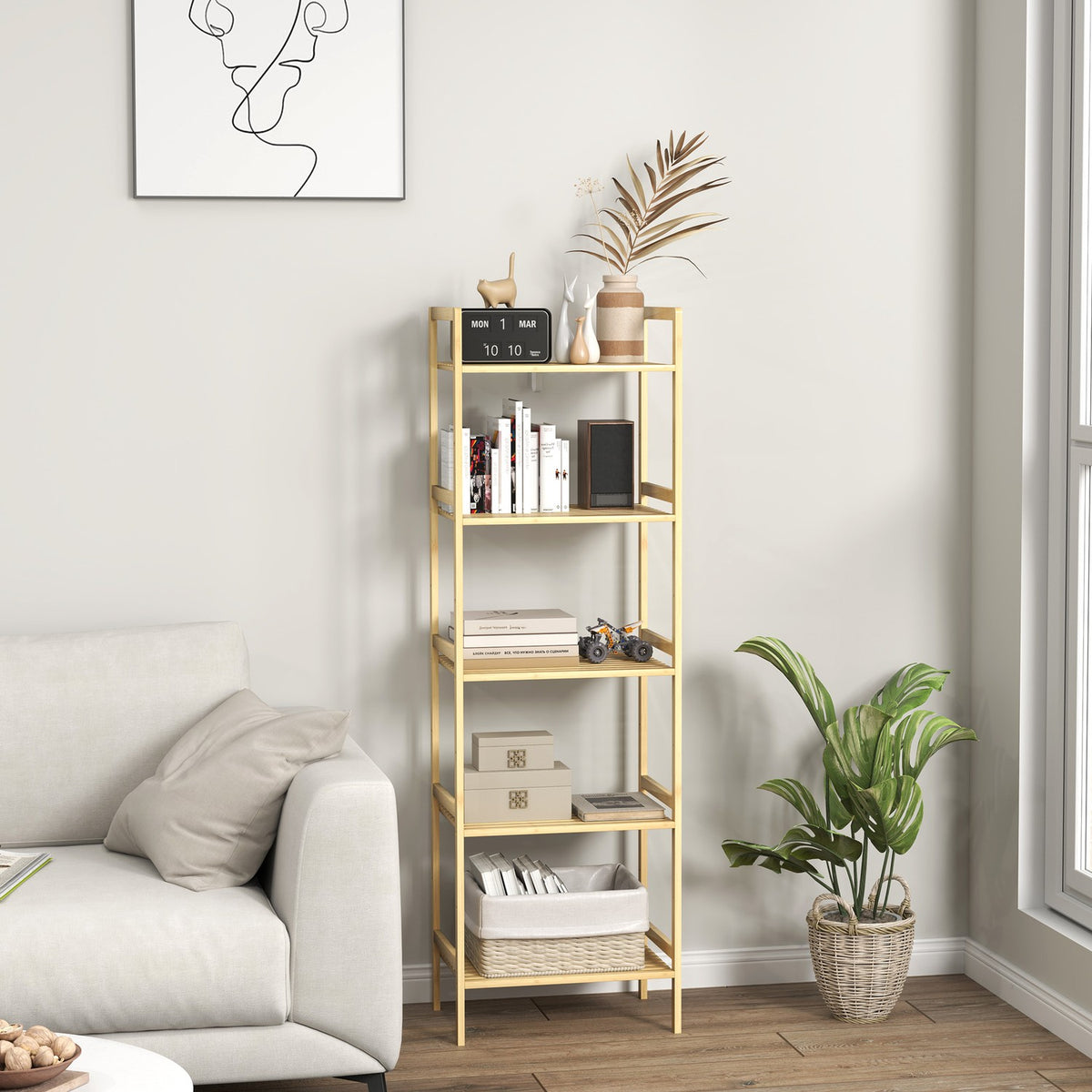Bathroom Shelf, Bathroom Shelf with 5 Tiers, Bamboo Storage Shelf, Standing Shelf with Adjustable Shelves for Bathroom, Living Room, Kitchen, 43.5 x 31.5 x 142 cm, Natural Wood