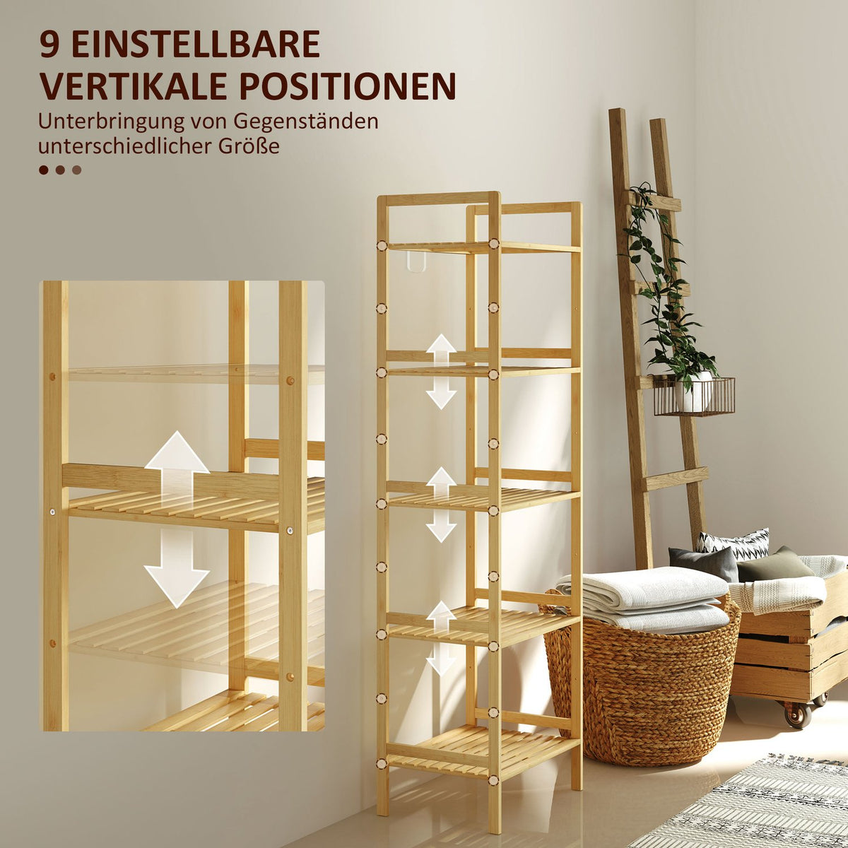 Bathroom Shelf, Bathroom Shelf with 5 Tiers, Bamboo Storage Shelf, Standing Shelf with Adjustable Shelves for Bathroom, Living Room, Kitchen, 43.5 x 31.5 x 142 cm, Natural Wood