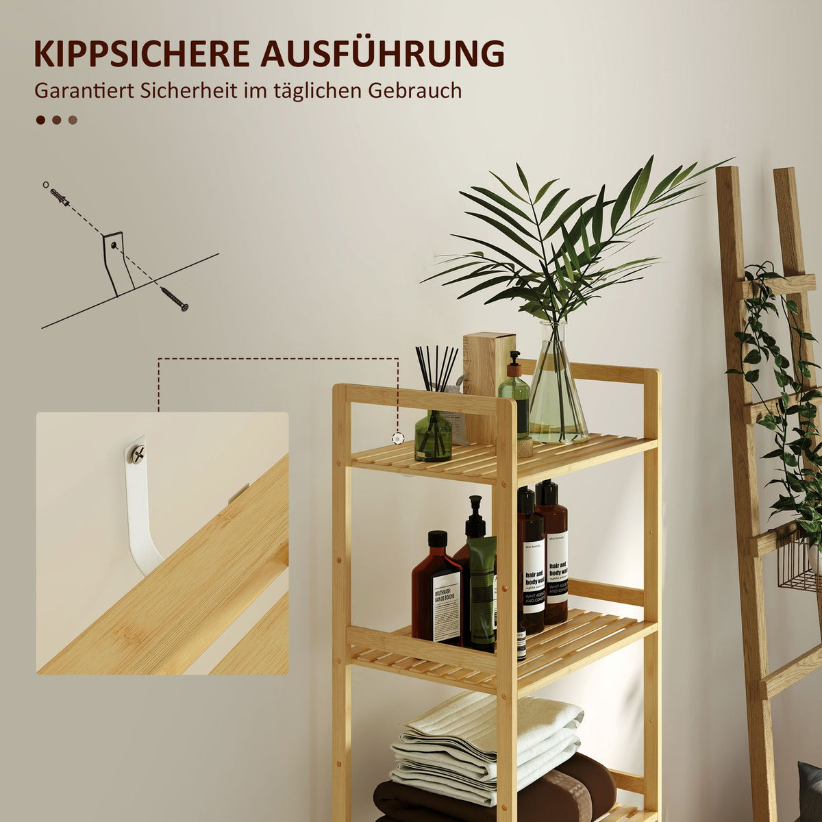 Bathroom Shelf, Bathroom Shelf with 5 Tiers, Bamboo Storage Shelf, Standing Shelf with Adjustable Shelves for Bathroom, Living Room, Kitchen, 43.5 x 31.5 x 142 cm, Natural Wood