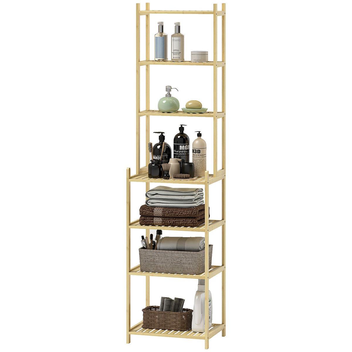 Bathroom Shelf, Bathroom Shelf with 7 Tiers, Standing Shelf Storage Shelf Made of Bamboo for Living Room, Bathroom, Natural, 44 x 33 x 180 cm