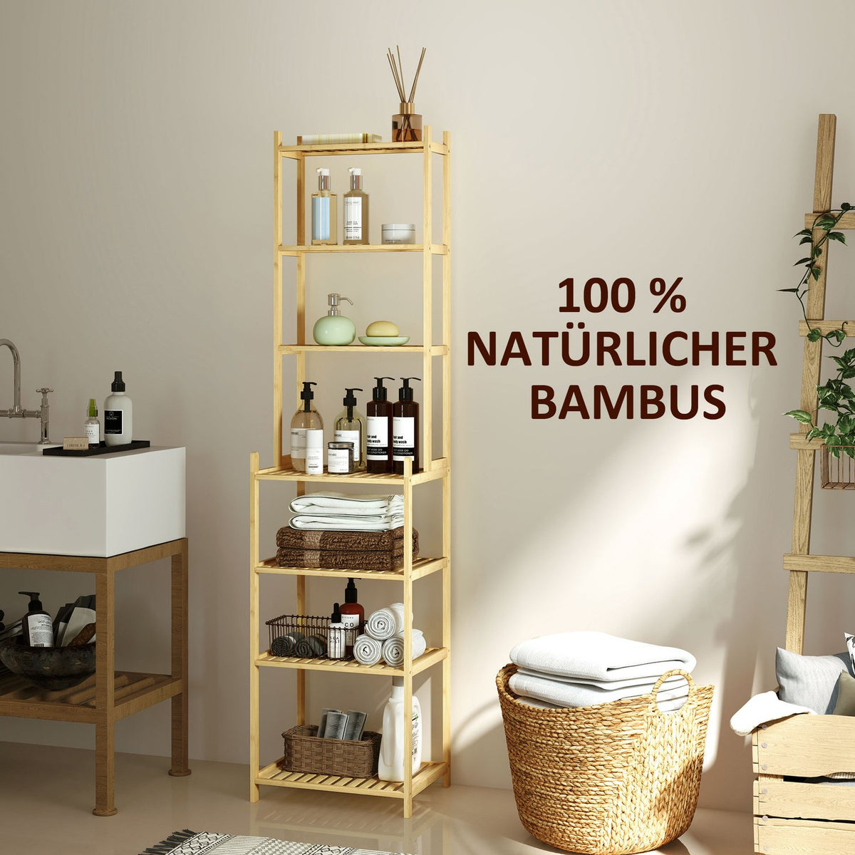 Bathroom Shelf, Bathroom Shelf with 7 Tiers, Standing Shelf Storage Shelf Made of Bamboo for Living Room, Bathroom, Natural, 44 x 33 x 180 cm