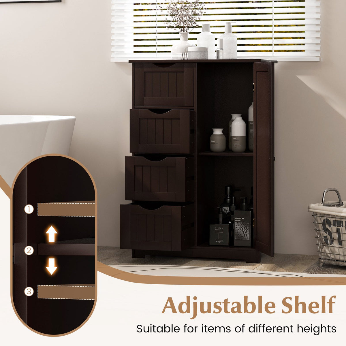 Bathroom Storage Cabinet – 4 Drawers, Door, MDF