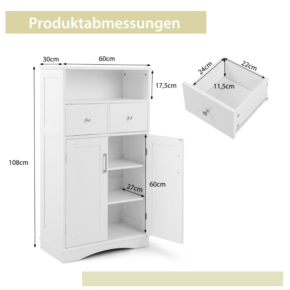 Bathroom Storage Cabinet, Freestanding, 2 Doors, 60x30x108 cm, White