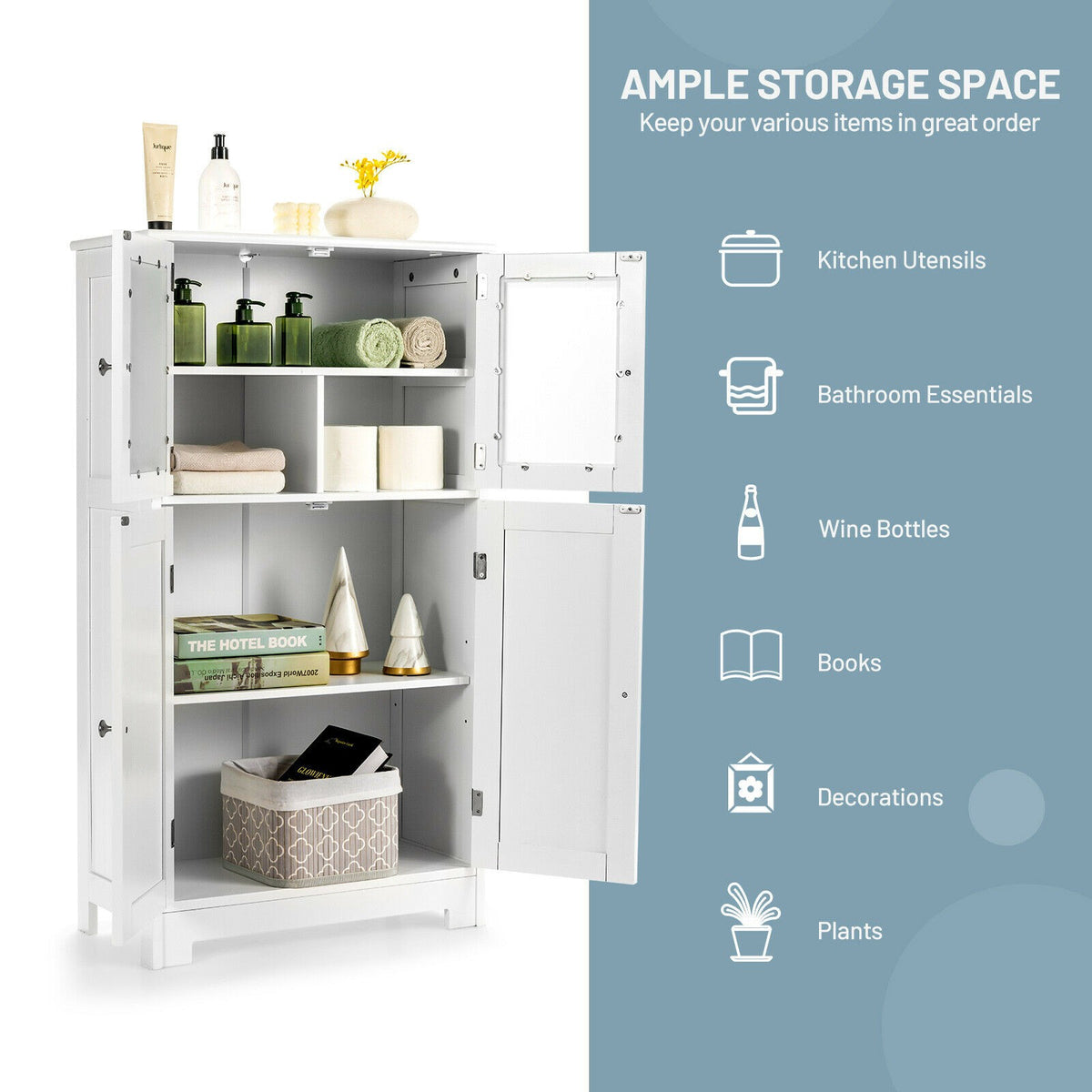 Bathroom Storage Cabinet, Glass Doors, Adjustable Shelf