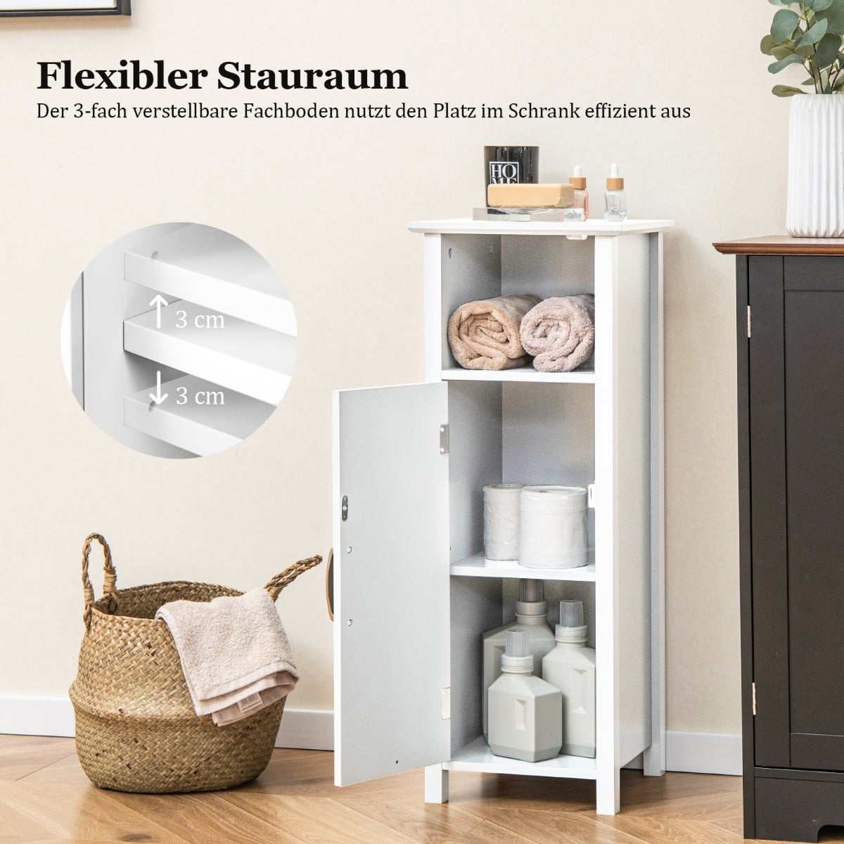 Bathroom Storage Cabinet, White MDF, Adjustable Shelves