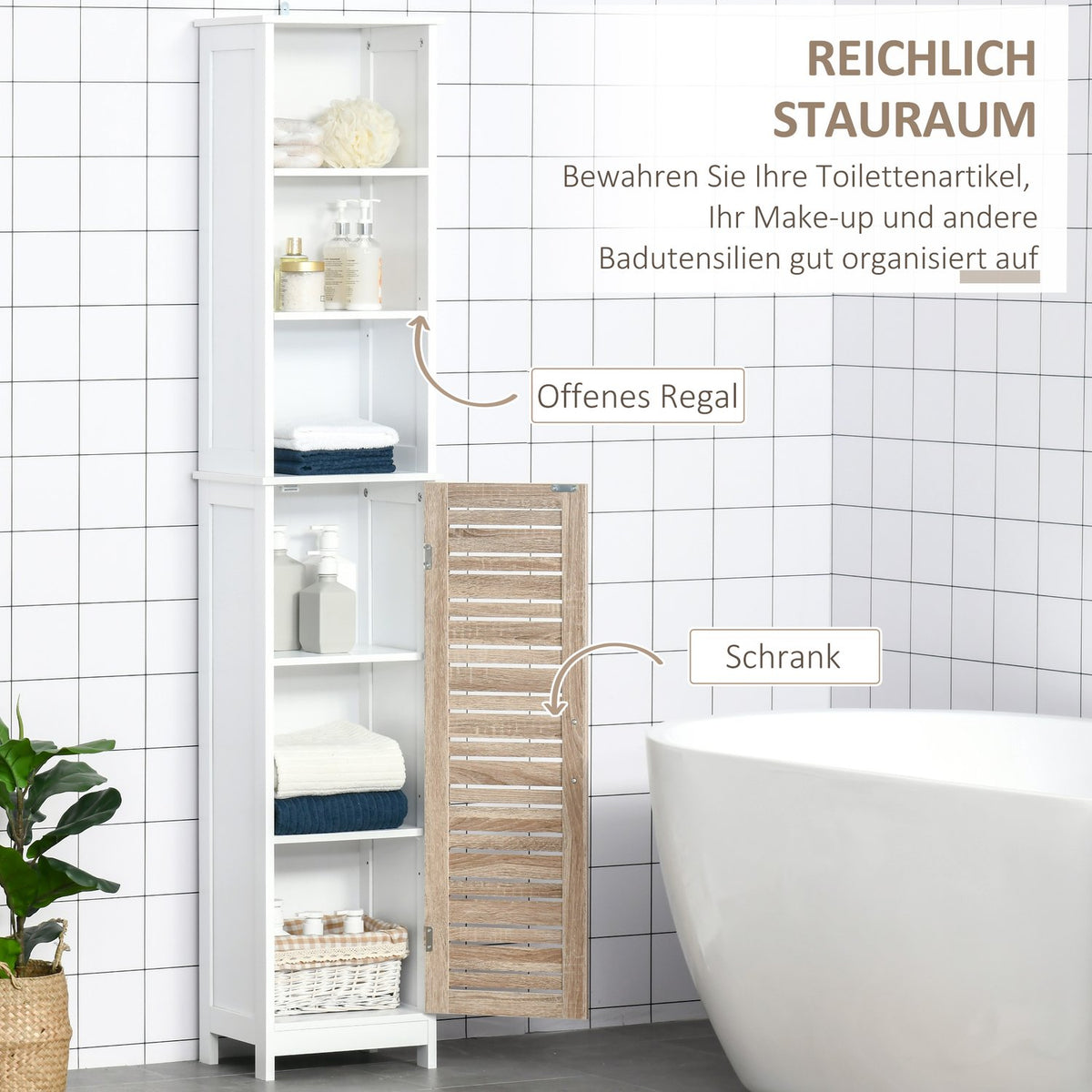 Bathroom Tall Cabinet Freestanding Cabinet With 3 Open Shelves, Adjustable Shelf, White, 34X26X172Cm