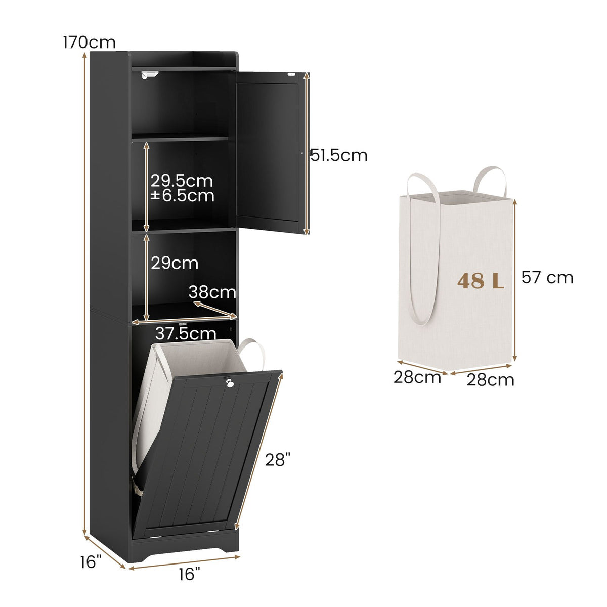 Bathroom Tall Cabinet With Laundry Hamper, Adjustable Shelf, Black