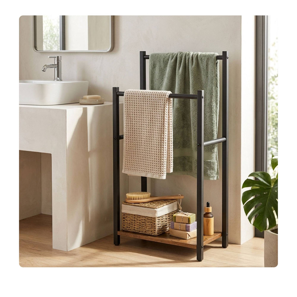 Bathroom Towel Rack with Shelf, Brown, Steel & MDF