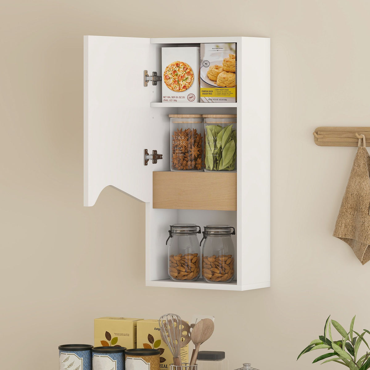 Bathroom Wall Cabinet, Soft-Close Door, Open Shelf, White