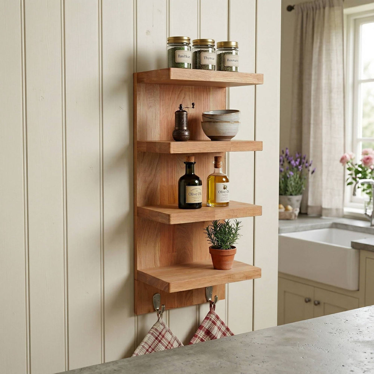 Bathroom Wall Shelf, Walnut & Steel, 4 Shelves, 2 Hooks