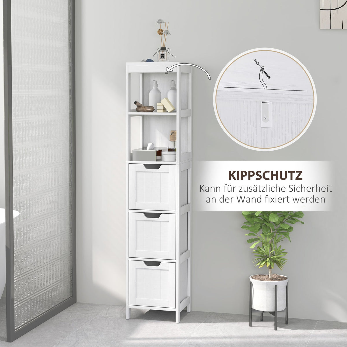 Bathroom cabinet bathroom cabinet, bathroom tall cabinet with 3 drawers, 2 open compartments, storage cabinet for bathroom, living room, white, 30 x 30 x 142.4 cm