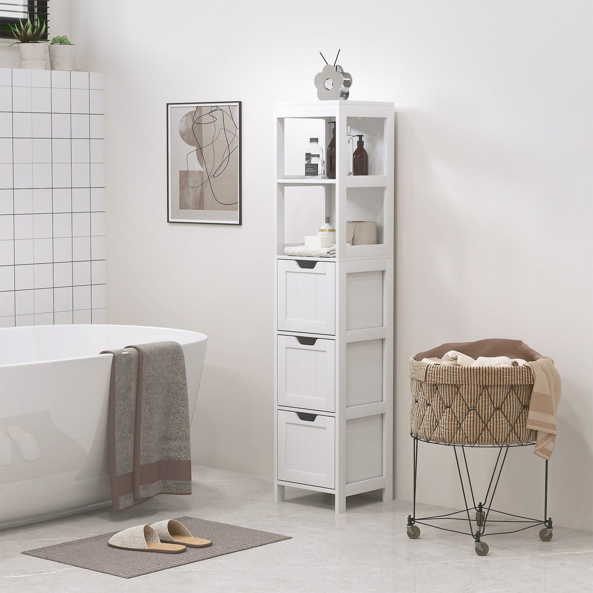 Bathroom cabinet bathroom cabinet, bathroom tall cabinet with 3 drawers, 2 open compartments, storage cabinet for bathroom, living room, white, 30 x 30 x 142.4 cm