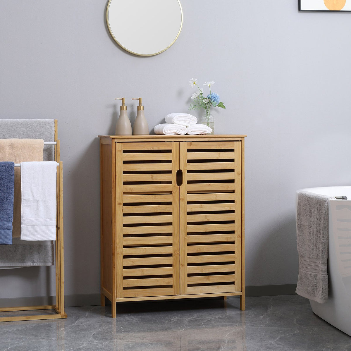 Bathroom cabinet, bathroom cabinet, side cabinet with 2 slatted doors, 2 inner shelves, bamboo storage cabinet for bathroom, living room, 68 x 32 x 86 cm, natural
