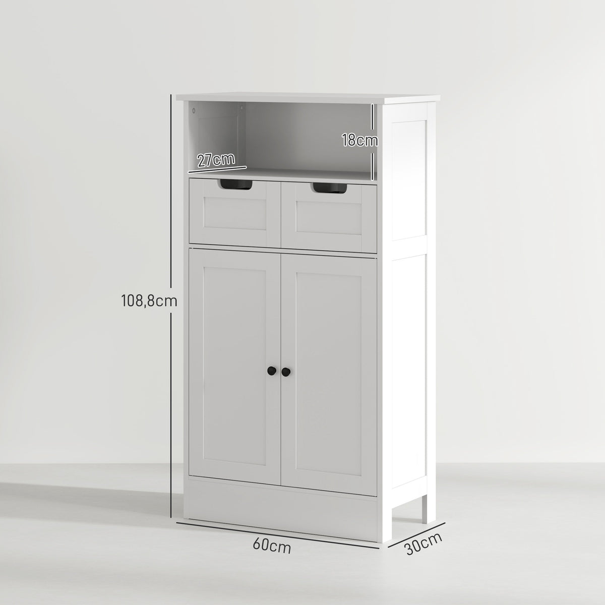 Bathroom cabinet, bathroom cabinet, storage cabinet with adjustable shelf, base cabinet with 2 drawers, door cabinet, for bathroom, living room 60 x 30 x 108.8 cm, white