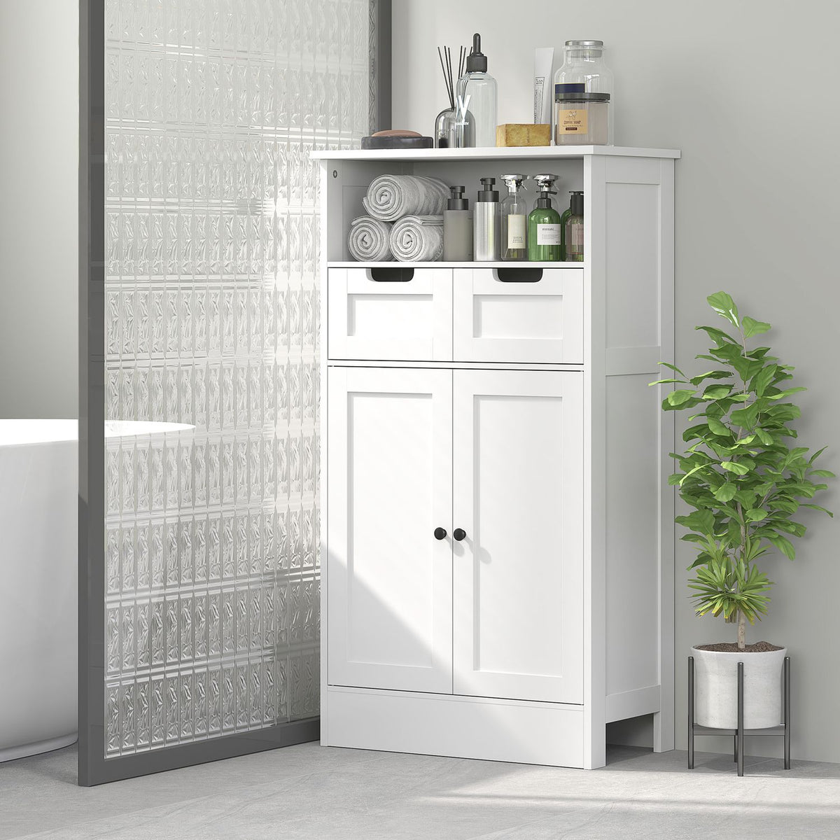 Bathroom cabinet, bathroom cabinet, storage cabinet with adjustable shelf, base cabinet with 2 drawers, door cabinet, for bathroom, living room 60 x 30 x 108.8 cm, white