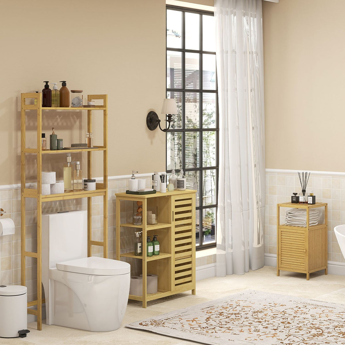Bathroom cabinet bathroom cabinet with cabinet compartment & 3 open levels, toilet cabinet, tip protection, side cabinet, bamboo, natural
