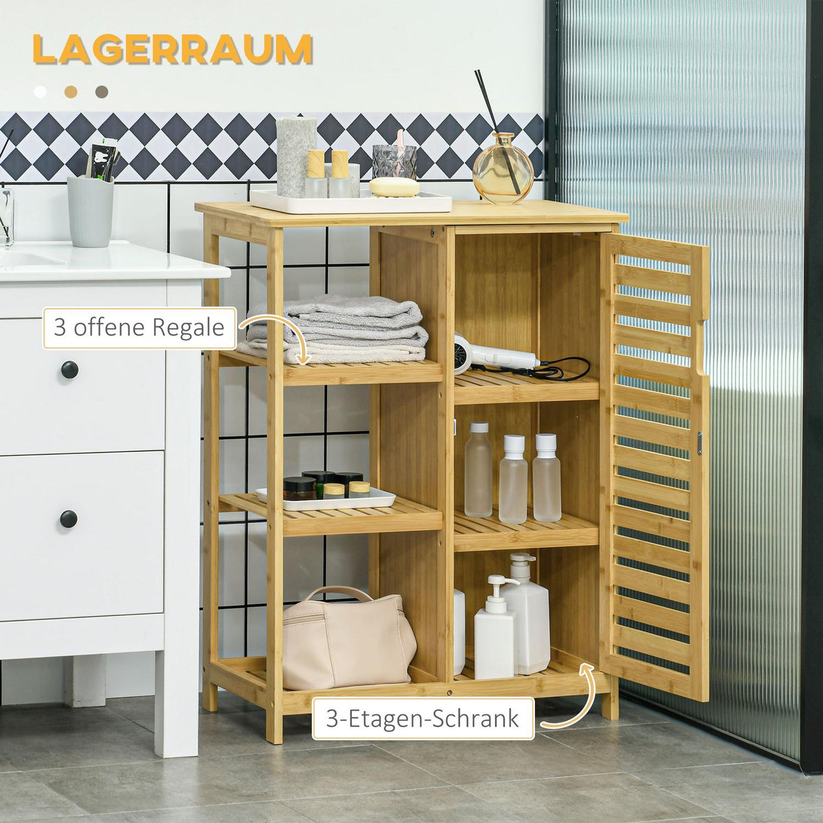 Bathroom cabinet bathroom cabinet with cabinet compartment & 3 open levels, toilet cabinet, tip protection, side cabinet, bamboo, natural