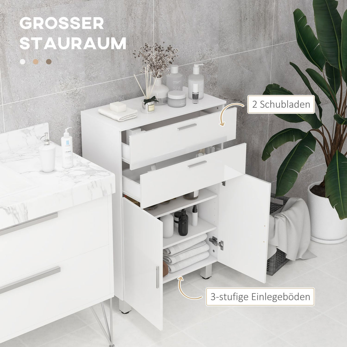 Bathroom cabinet side cabinet with 2 high-gloss white drawers, door, bathroom cabinet with adjustable shelf, storage cabinet for living room 60 x 30 x 93 cm |