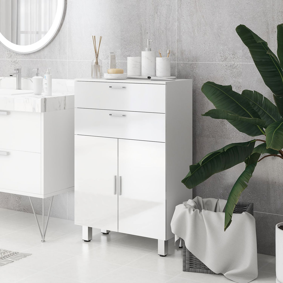 Bathroom cabinet side cabinet with 2 high-gloss white drawers, door, bathroom cabinet with adjustable shelf, storage cabinet for living room 60 x 30 x 93 cm |