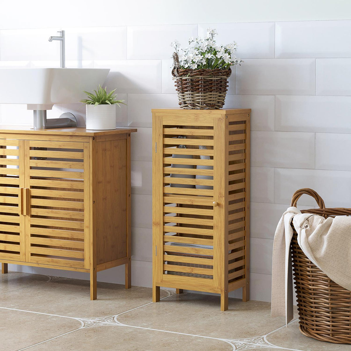 Bathroom cabinet side cabinet with slatted door, 2 compartments, storage, natural, 30x19.9x70cm