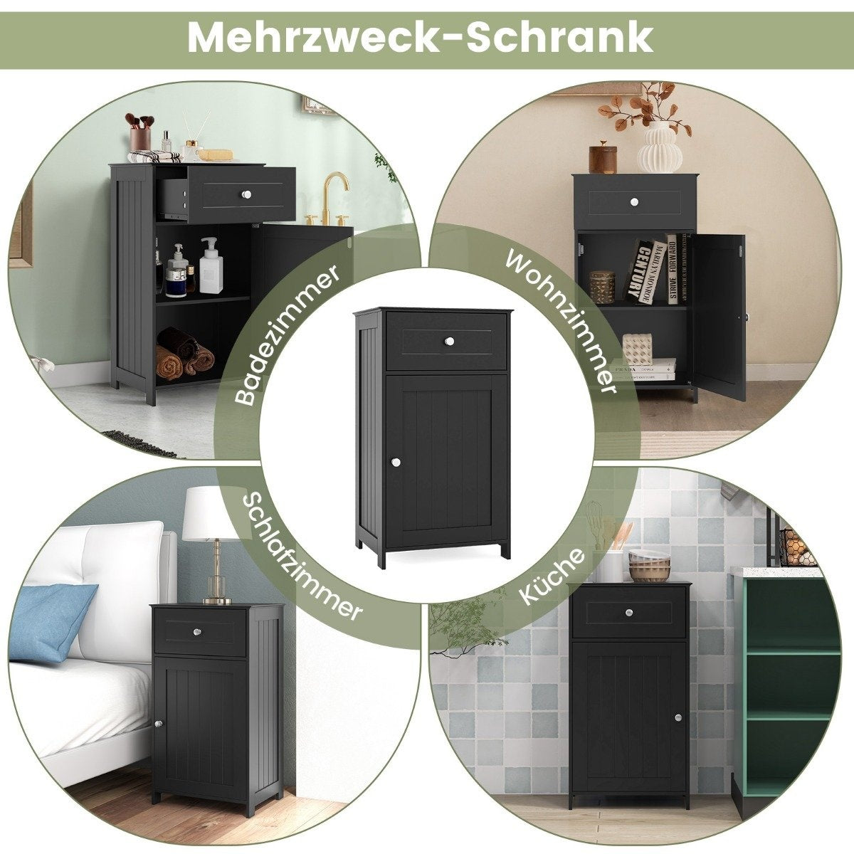 Bathroom cabinet, slim with drawer and door, 43 x 34 x 77 cm, black