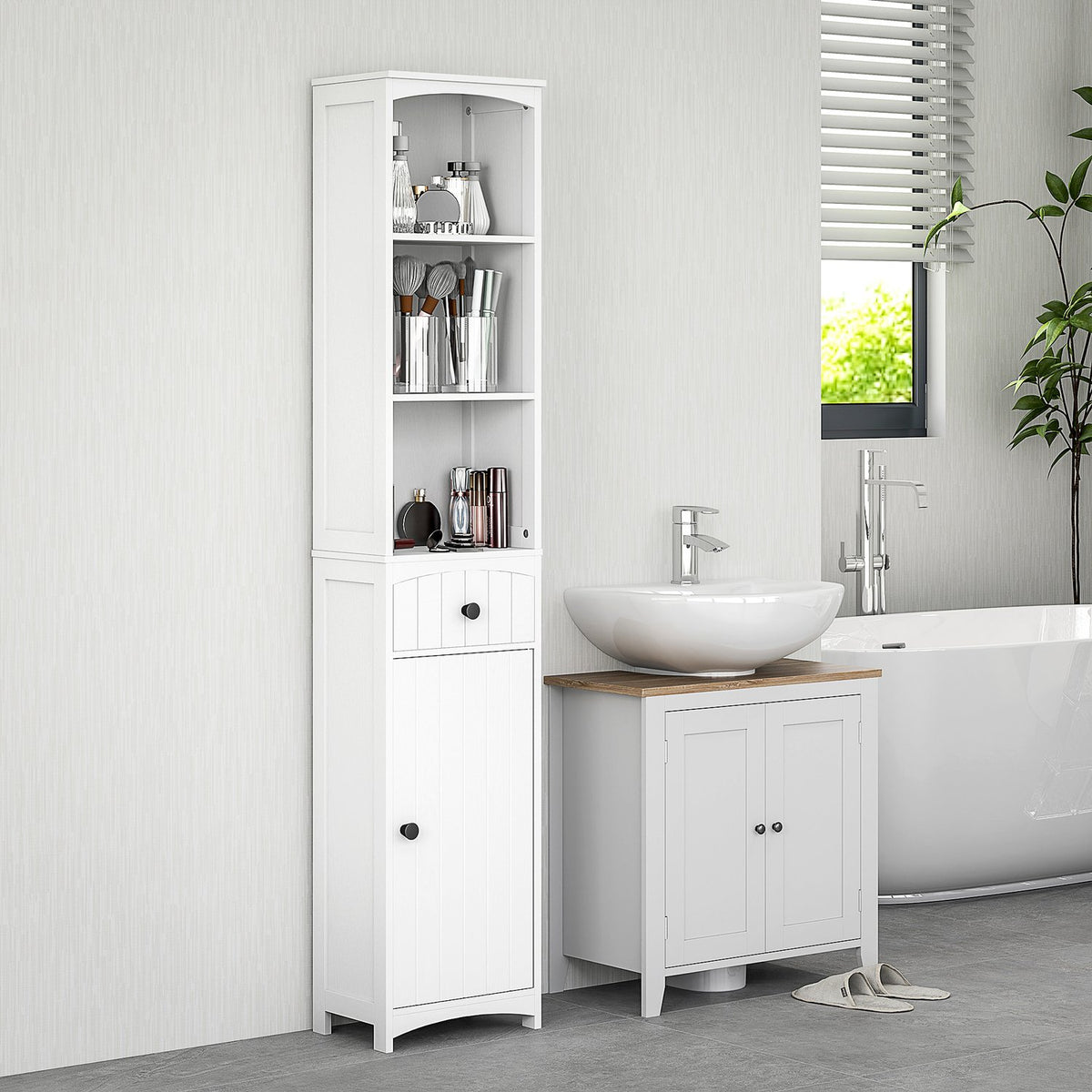 Bathroom cabinet, tall cabinet with 3 shelves, 1 drawer, bathroom cabinet, bathroom shelf, bathroom cabinet, bathroom furniture, white, 34x24x170.5cm